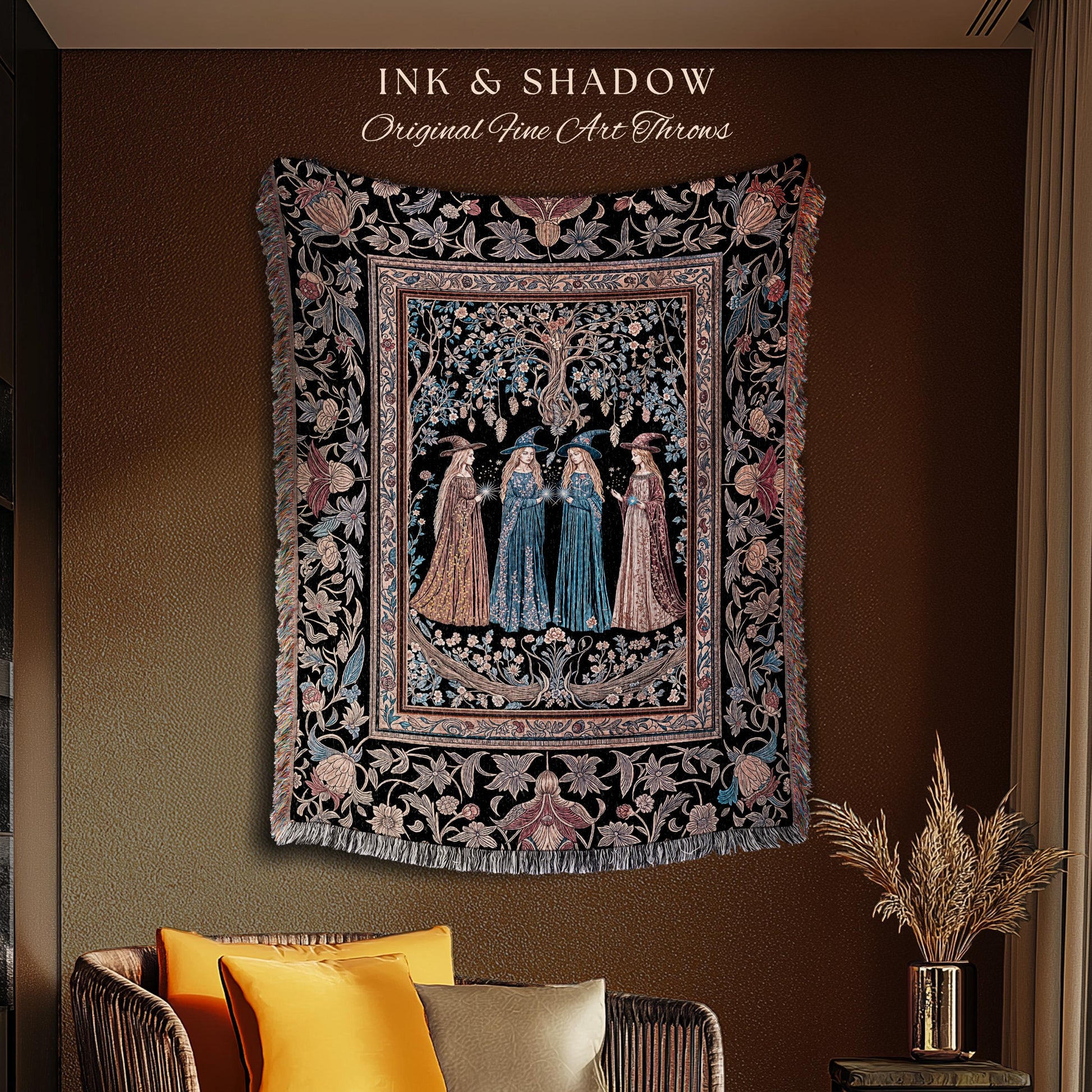 Witchy Folklore Ethereal Woven Tapestry | Occult Baroque Witches Dreamy Aesthetic Magical Woven Throw Blanket Crowcore Renaissance Ornate