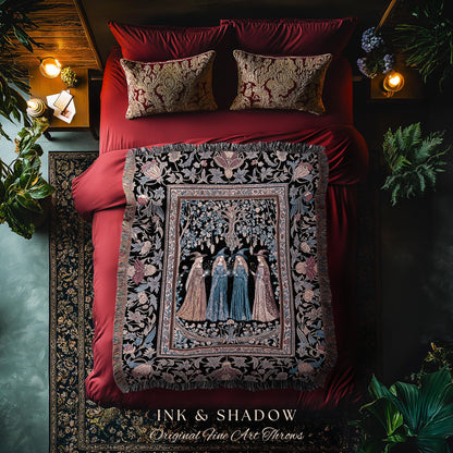 Witchy Folklore Ethereal Woven Tapestry | Occult Baroque Witches Dreamy Aesthetic Magical Woven Throw Blanket Crowcore Renaissance Ornate