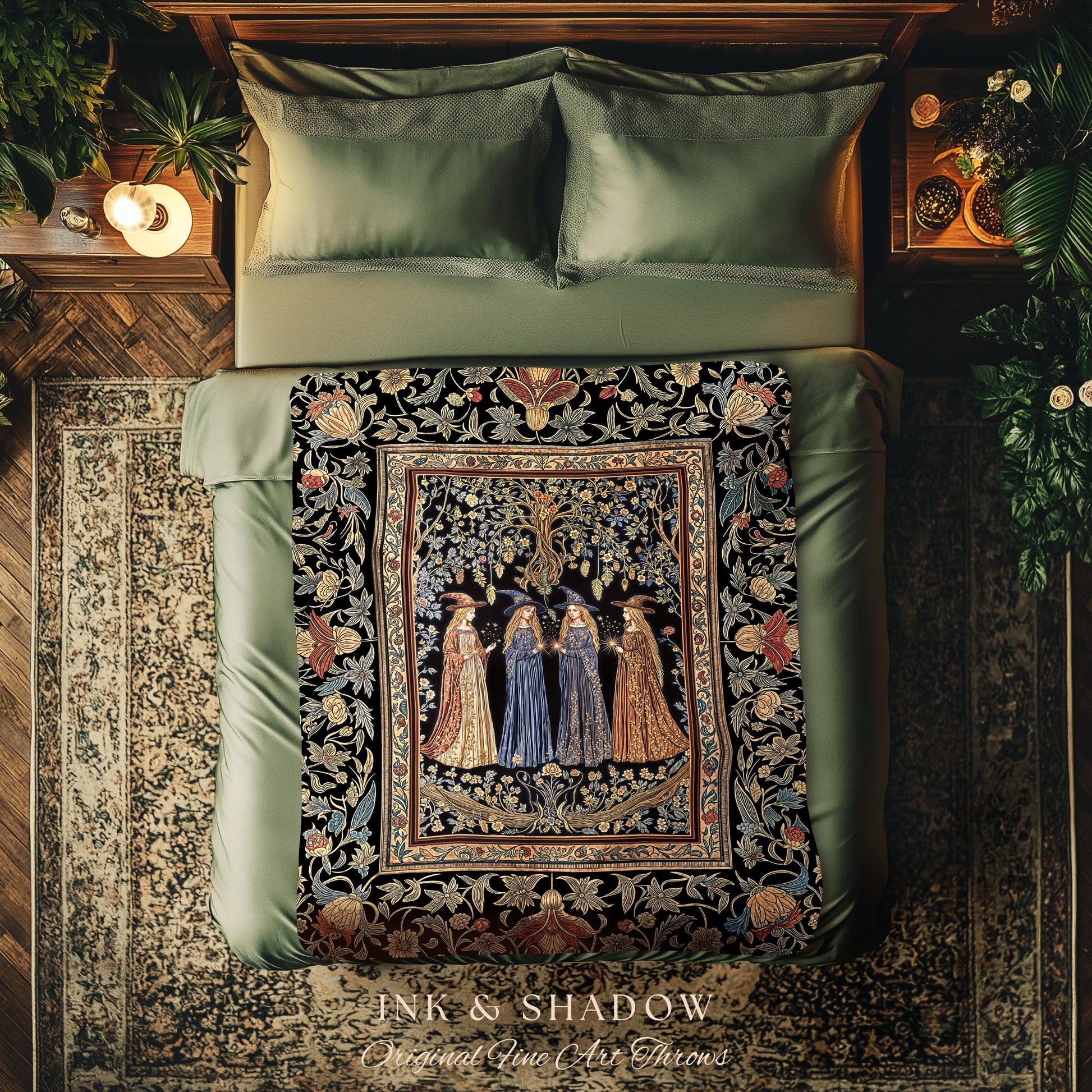 Celestial Witches Gothic Woven Wall Tapestry | Dreamy Maiden Forest Enchantment Floral Magic Coven Throw Blanket Folk Tale Sisterhood Art |