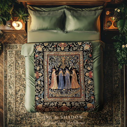 Celestial Witches Gothic Woven Wall Tapestry | Dreamy Maiden Forest Enchantment Floral Magic Coven Throw Blanket Folk Tale Sisterhood Art |