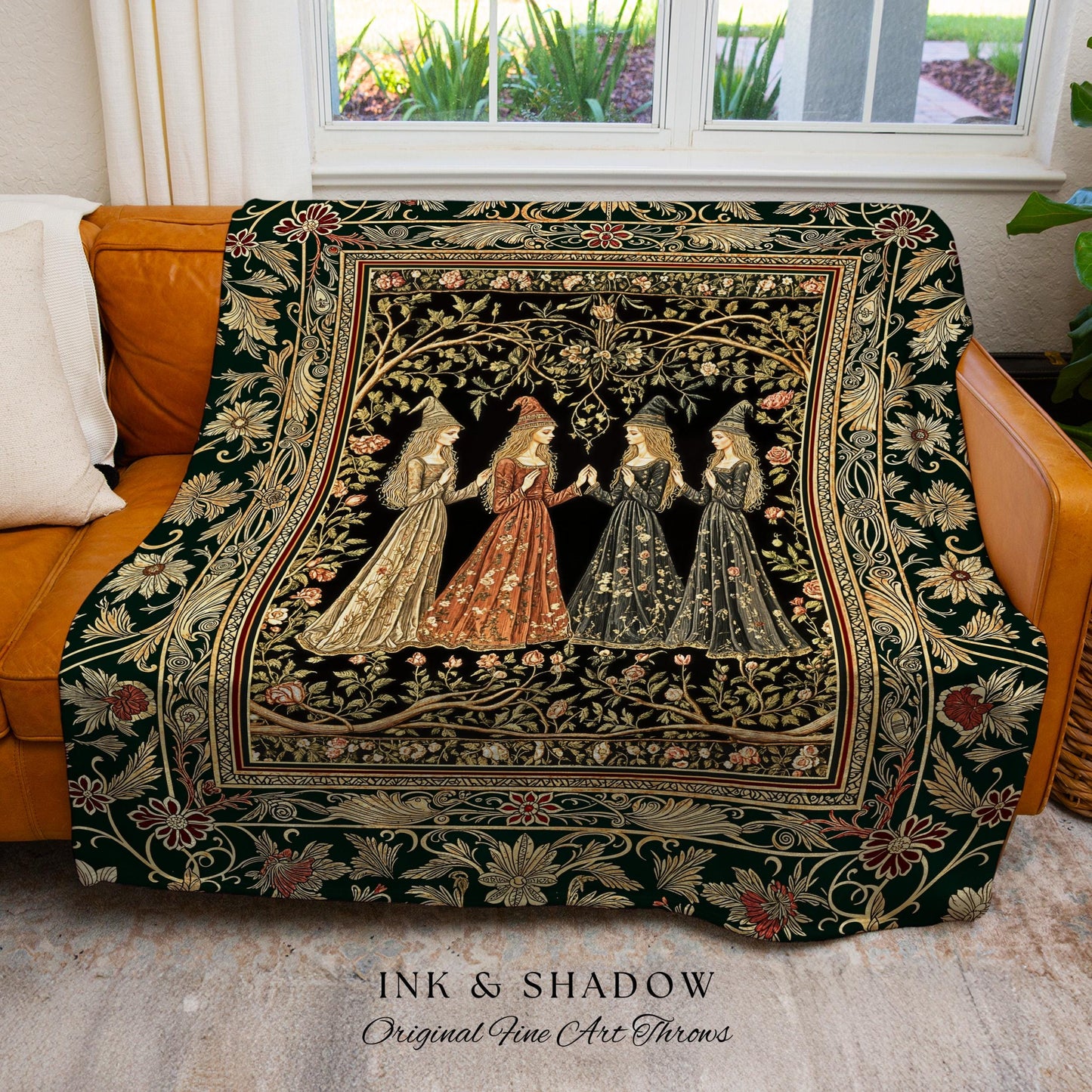 Mystical Sisterhood Floral Throw Blanket | Witchy Aesthetic Baroque Forest Whimsigoth Fantasy Ethereal Woven Wall Tapestry Dark Academia Art