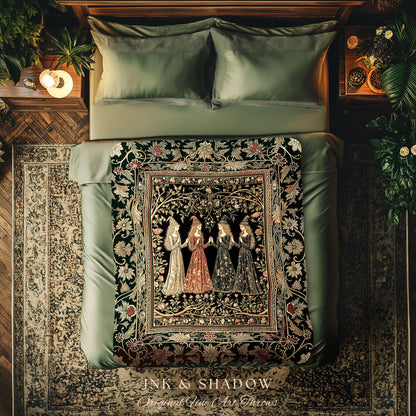 Mystical Sisterhood Floral Throw Blanket | Witchy Aesthetic Baroque Forest Whimsigoth Fantasy Ethereal Woven Wall Tapestry Dark Academia Art