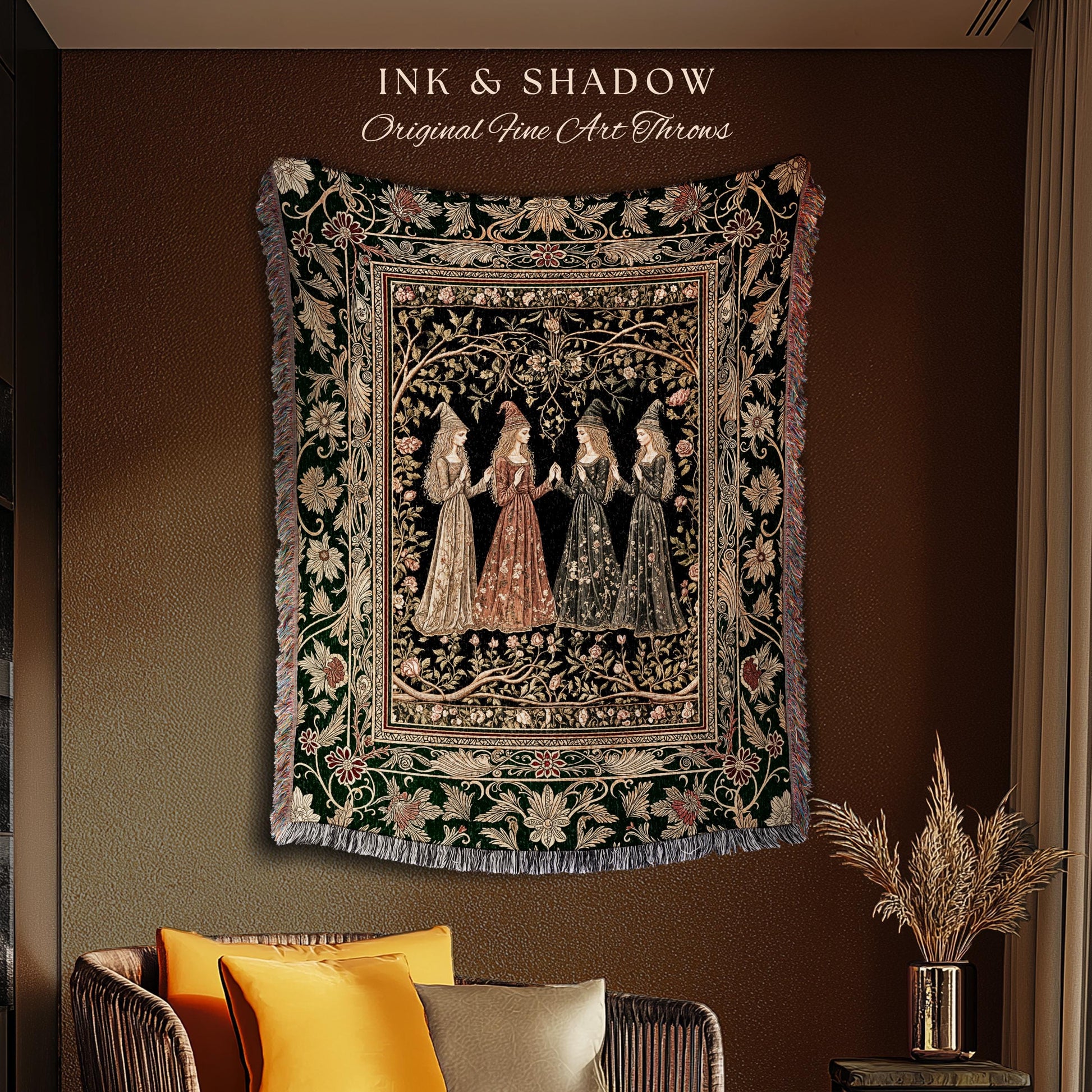 Mystical Sisterhood Floral Throw Blanket | Witchy Aesthetic Baroque Forest Whimsigoth Fantasy Ethereal Woven Wall Tapestry Dark Academia Art