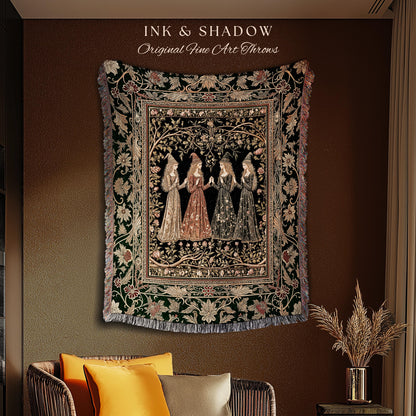 Mystical Sisterhood Floral Throw Blanket | Witchy Aesthetic Baroque Forest Whimsigoth Fantasy Ethereal Woven Wall Tapestry Dark Academia Art