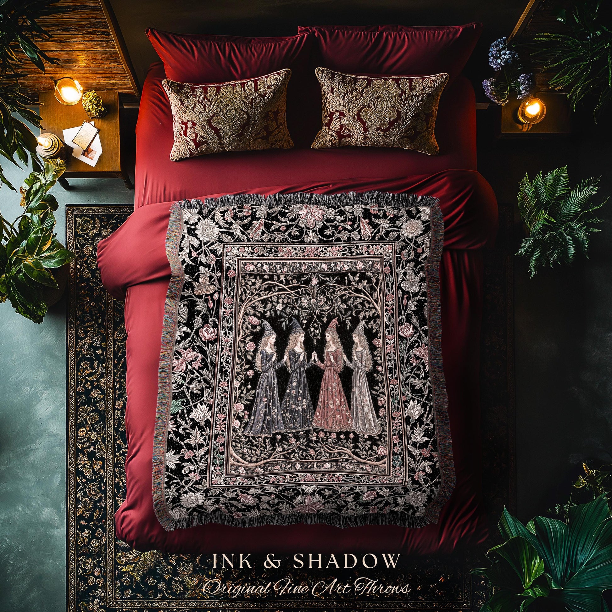 Enchanted Maidens Rustic Woven Tapestry | Mystical Folklore Floral Gothic Art Nouveau Throw Blanket Ethereal Coven Magic Dark Boho Aesthetic