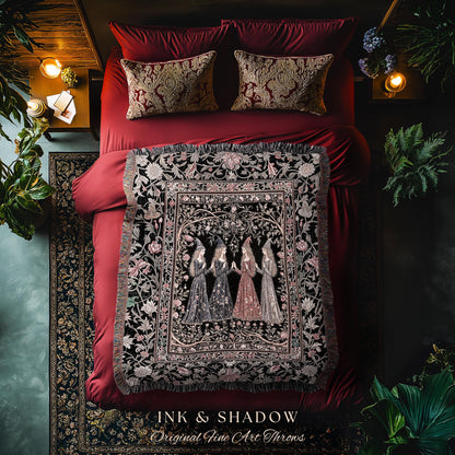 Enchanted Maidens Rustic Woven Tapestry | Mystical Folklore Floral Gothic Art Nouveau Throw Blanket Ethereal Coven Magic Dark Boho Aesthetic