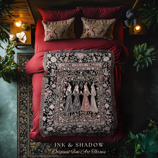 Enchanted Maidens Rustic Woven Tapestry | Mystical Folklore Floral Gothic Art Nouveau Throw Blanket Ethereal Coven Magic Dark Boho Aesthetic