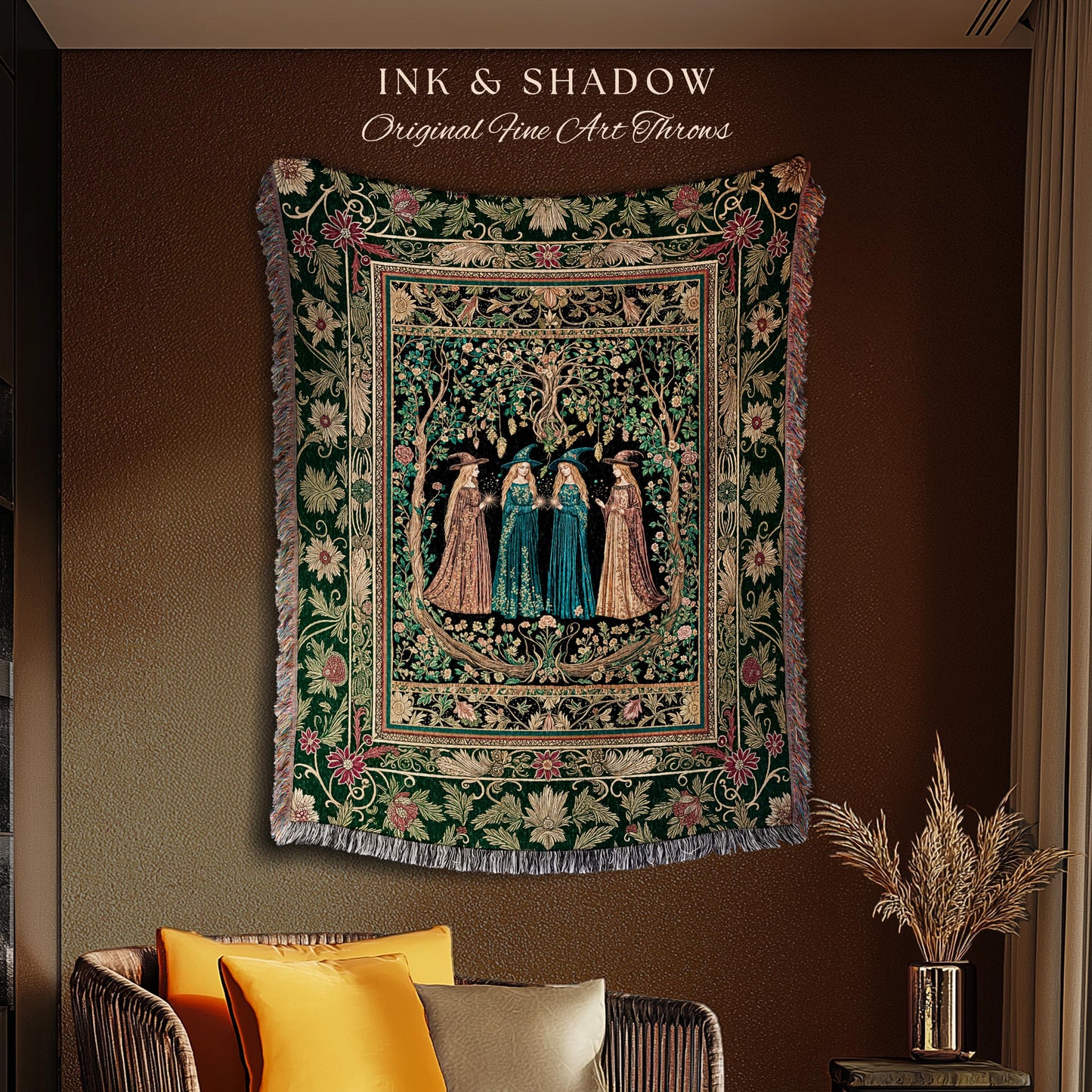 Arcane Witches Gothic Floral Tapestry Blanket | Baroque Folk Art Magic Renaissance Ethereal Dreamy Enchanting Throw Mystic Coven Aesthetic |
