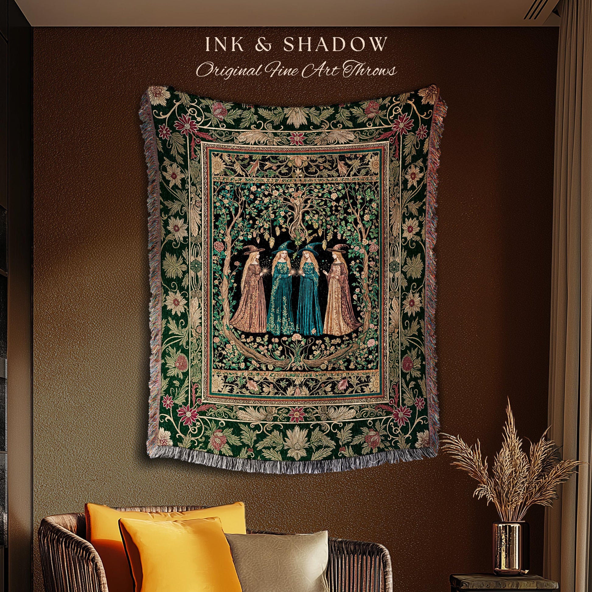 Arcane Witches Gothic Floral Tapestry Blanket | Baroque Folk Art Magic Renaissance Ethereal Dreamy Enchanting Throw Mystic Coven Aesthetic |