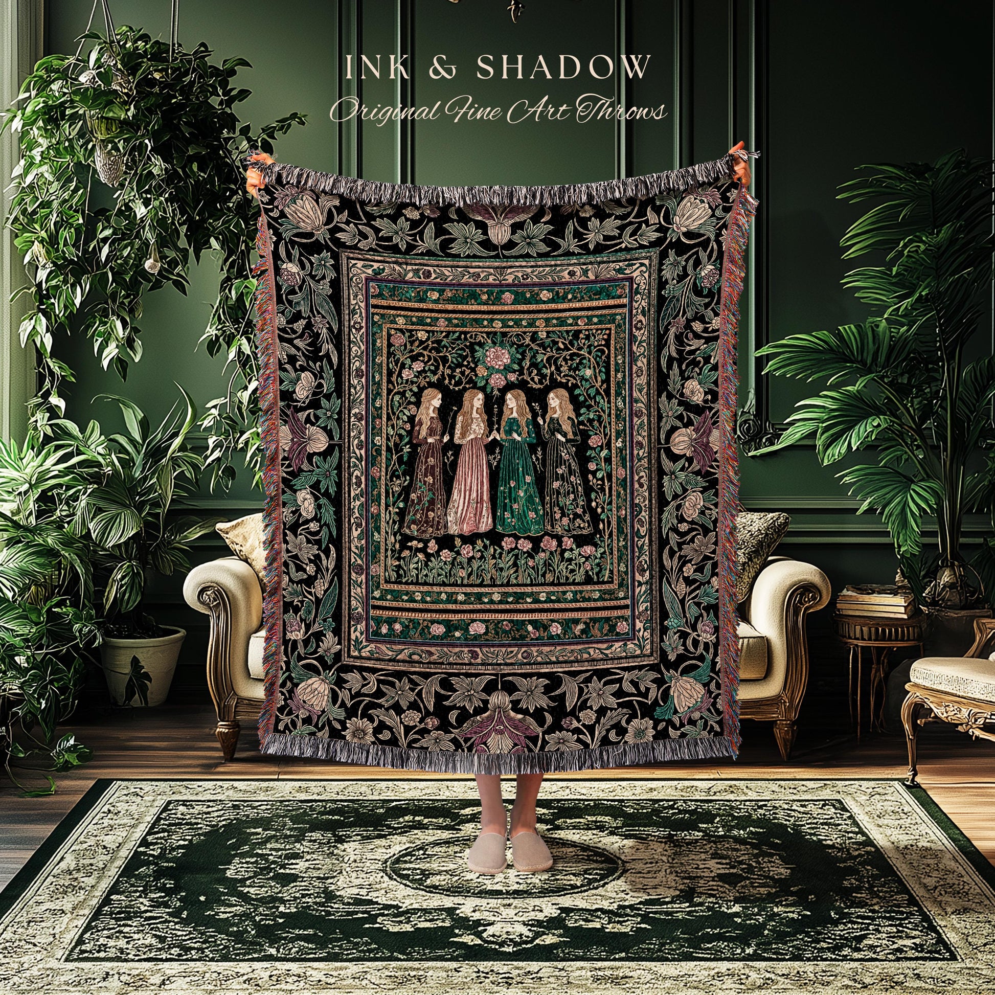 Victorian Witch Sisters Throw Blanket | Enchanted Folklore Gothic Floral Forest Tapestry Celestial Art Nouveau Magic Aesthetic Whimsical |