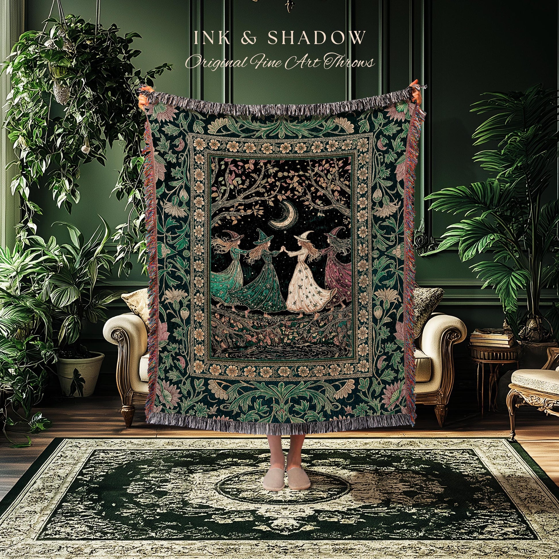 Whimsical Witch Sisterhood Throw Blanket | Dreamy Sisterhood Forest Baroque Floral Gothic Decor Mystic Boho Sorceress Woodland Wall Tapestry