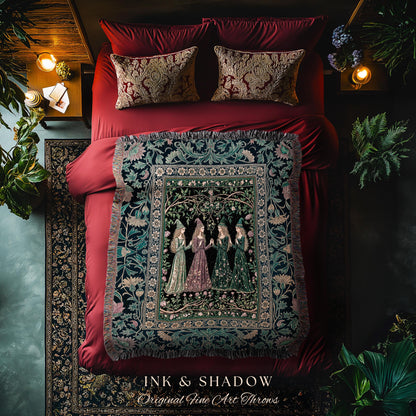 Storybook Aesthetic Witch Woven Tapestry | Whimsical Crowcore Arcane Gothic Forest Maiden Medieval Enchanted Magic Throw Blanket Botanical