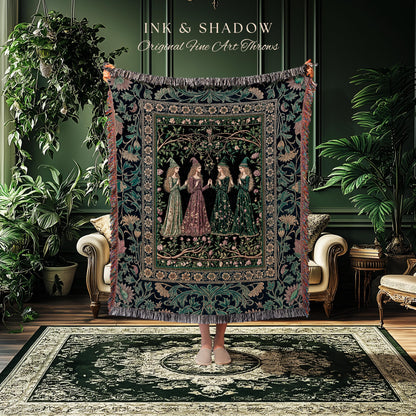 Storybook Aesthetic Witch Woven Tapestry | Whimsical Crowcore Arcane Gothic Forest Maiden Medieval Enchanted Magic Throw Blanket Botanical