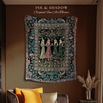 Storybook Aesthetic Witch Woven Tapestry | Whimsical Crowcore Arcane Gothic Forest Maiden Medieval Enchanted Magic Throw Blanket Botanical
