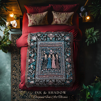 Victorian Gothic Maiden Witches Woven Blanket | Arcane Witchcraft Celestial Baroque Ethereal Folklore Wall Tapestry Romantic Floral Style |