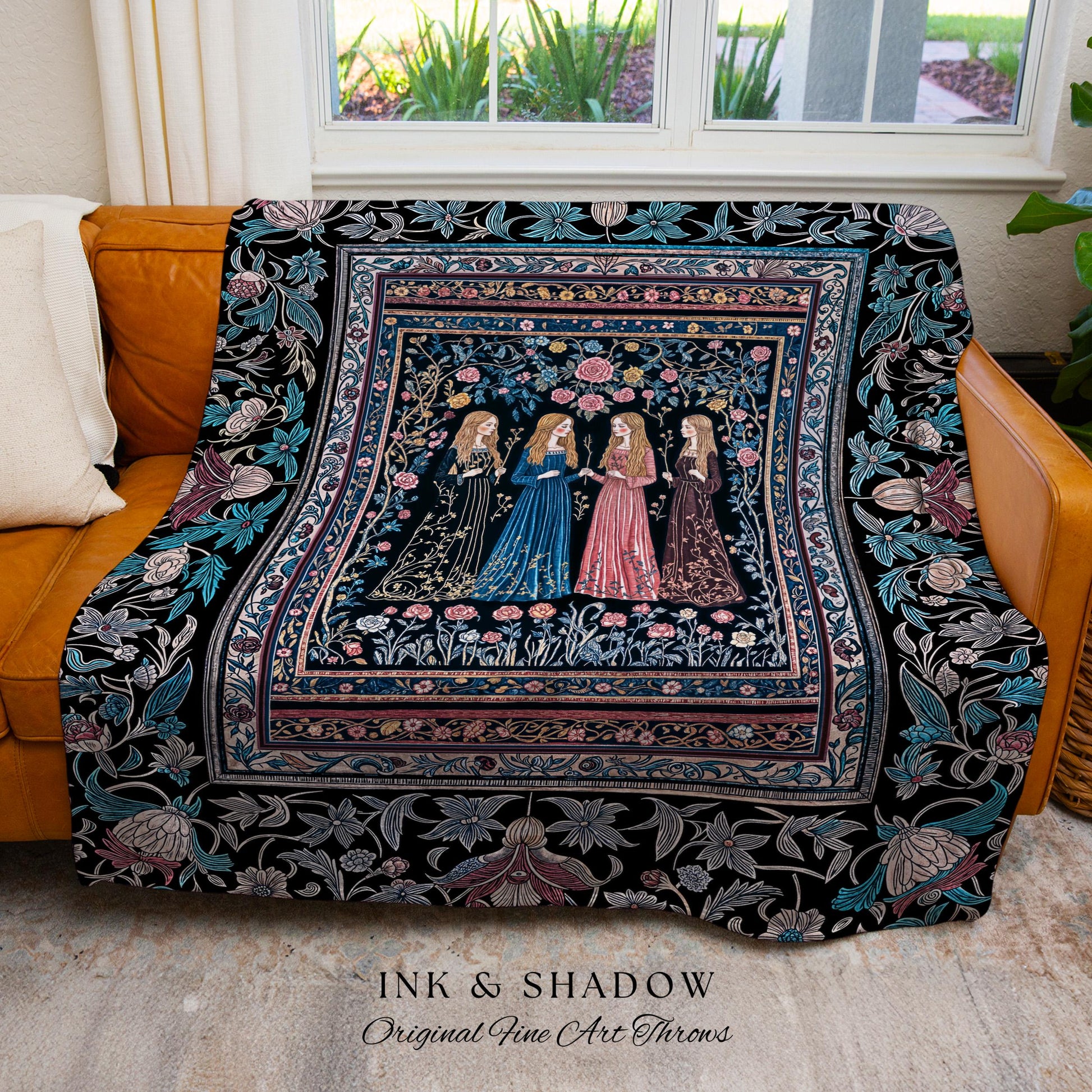 Victorian Gothic Maiden Witches Woven Blanket | Arcane Witchcraft Celestial Baroque Ethereal Folklore Wall Tapestry Romantic Floral Style |