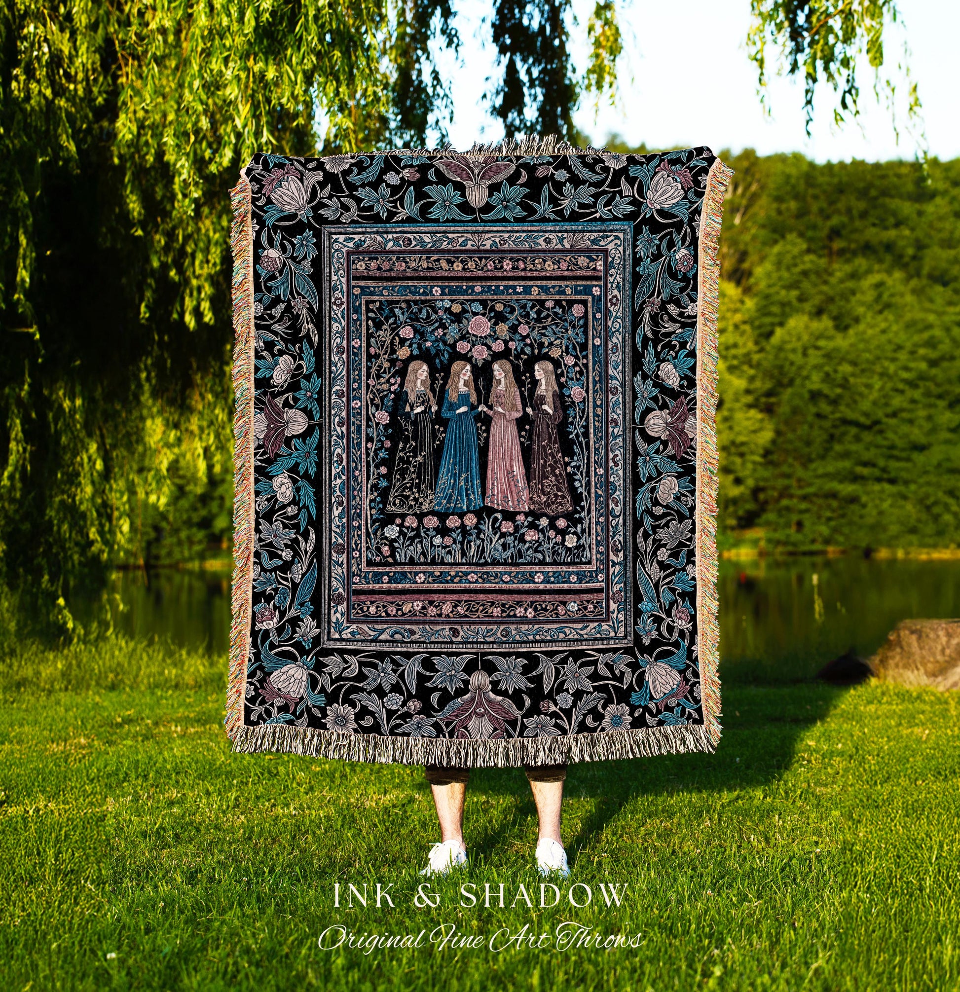 Victorian Gothic Maiden Witches Woven Blanket | Arcane Witchcraft Celestial Baroque Ethereal Folklore Wall Tapestry Romantic Floral Style |