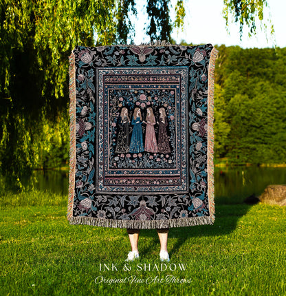 Victorian Gothic Maiden Witches Woven Blanket | Arcane Witchcraft Celestial Baroque Ethereal Folklore Wall Tapestry Romantic Floral Style |