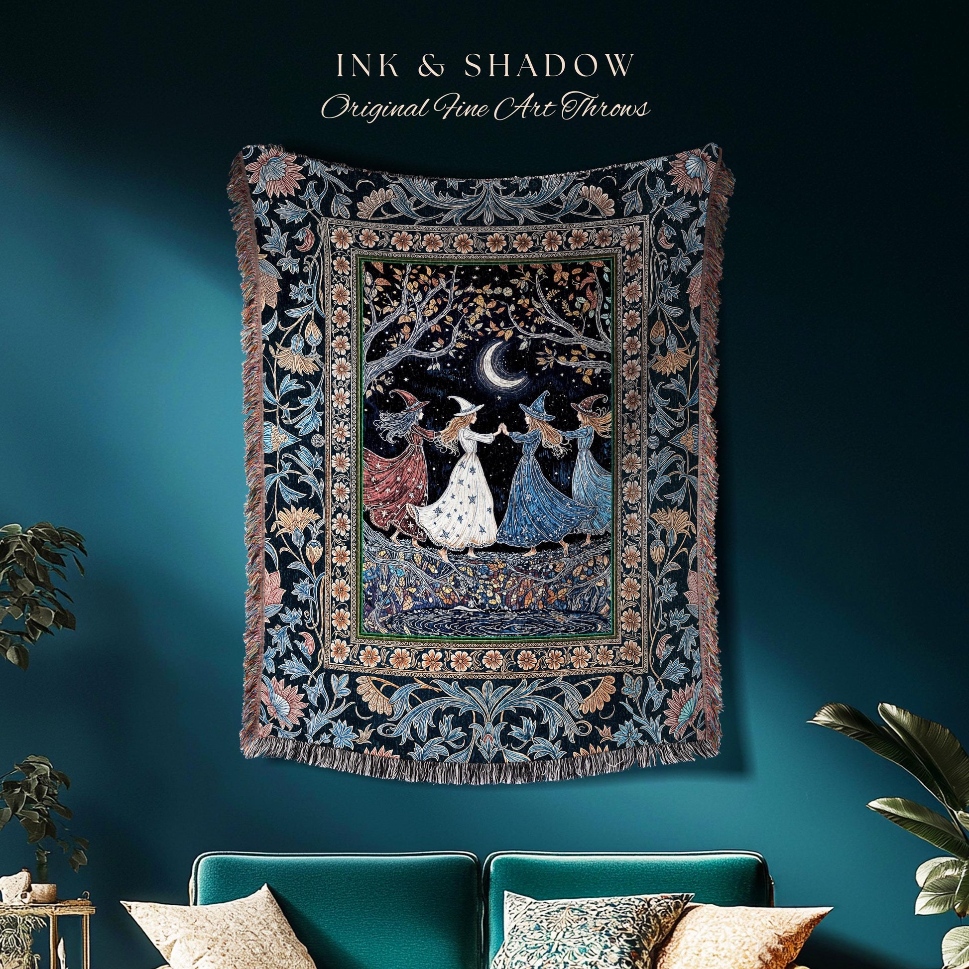 Moonlit Magic Witches Tapestry Blanket | Medieval Fairytale Floral Enchanted Witchcore Baroque Dark Folk Art Home Decor Occult Boho Throw |