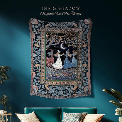 Moonlit Magic Witches Tapestry Blanket | Medieval Fairytale Floral Enchanted Witchcore Baroque Dark Folk Art Home Decor Occult Boho Throw |