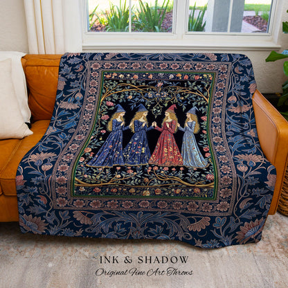 Medieval Coven Celestial Tapestry Blanket | Moody Aesthetic Witches Enchanted Art Nouveau Gothic Ethereal Folklore Woven Throw Ornate Magic