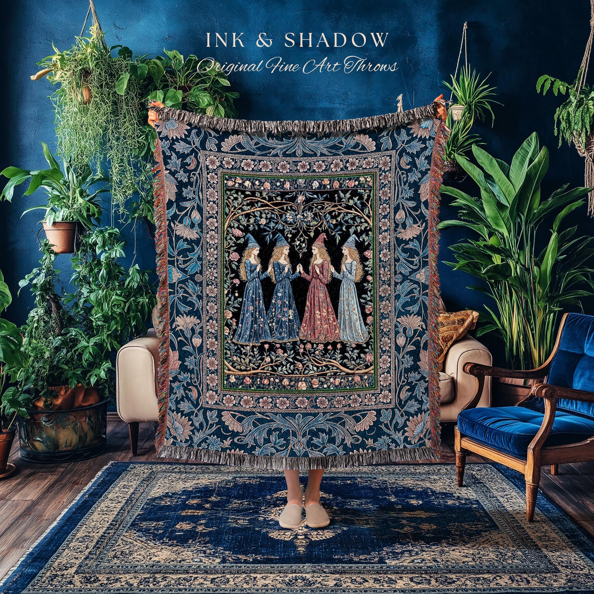 Medieval Coven Celestial Tapestry Blanket | Moody Aesthetic Witches Enchanted Art Nouveau Gothic Ethereal Folklore Woven Throw Ornate Magic