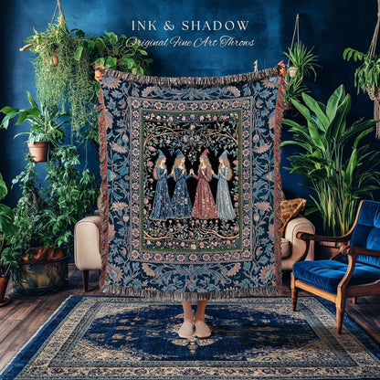 Medieval Coven Celestial Tapestry Blanket | Moody Aesthetic Witches Enchanted Art Nouveau Gothic Ethereal Folklore Woven Throw Ornate Magic