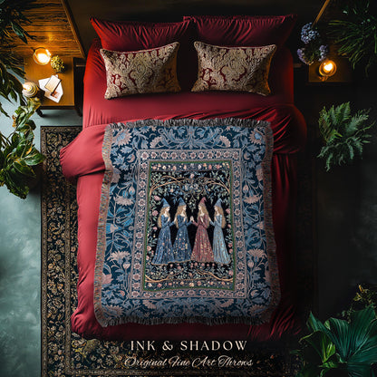 Medieval Coven Celestial Tapestry Blanket | Moody Aesthetic Witches Enchanted Art Nouveau Gothic Ethereal Folklore Woven Throw Ornate Magic