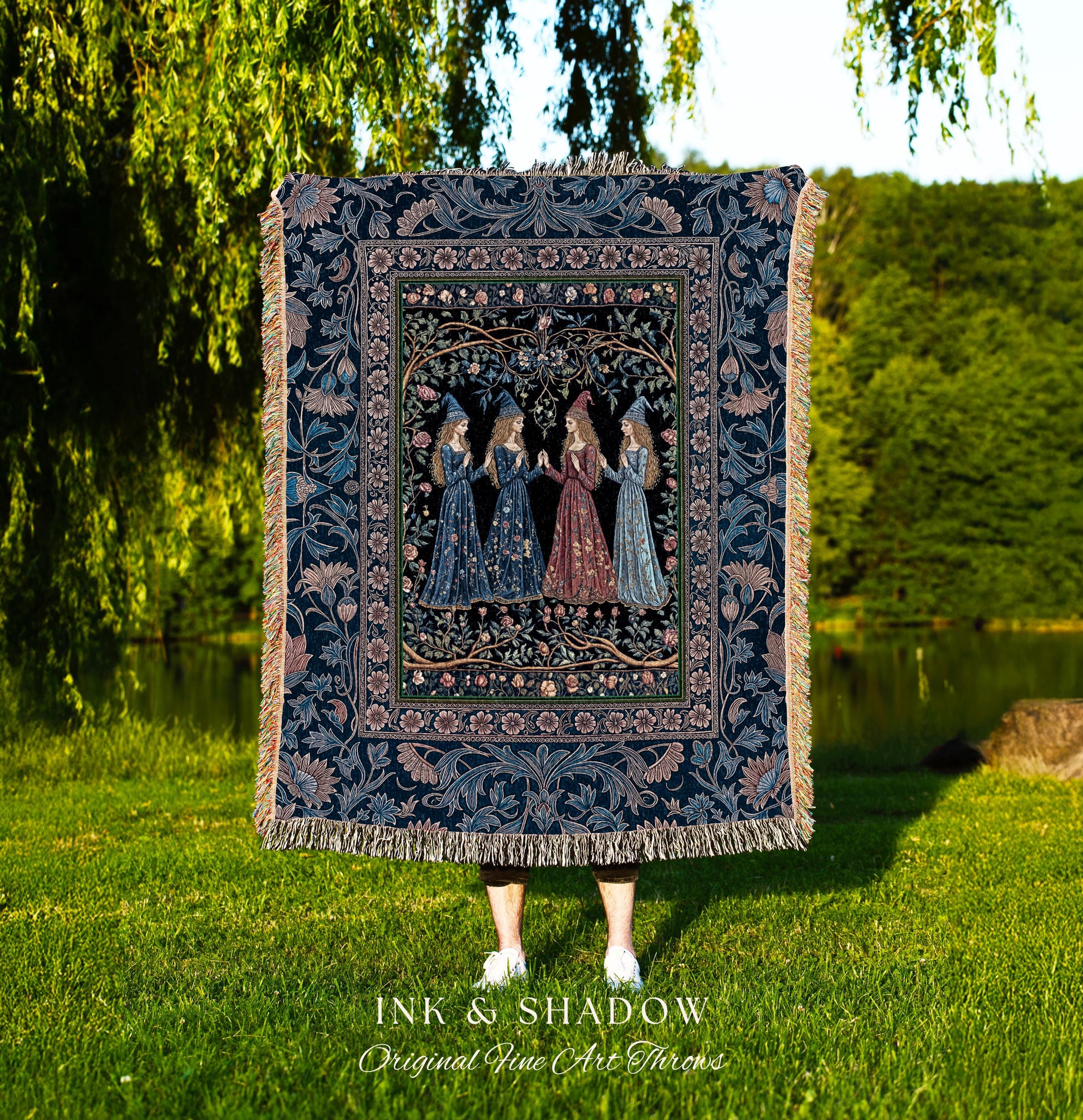 Medieval Coven Celestial Tapestry Blanket | Moody Aesthetic Witches Enchanted Art Nouveau Gothic Ethereal Folklore Woven Throw Ornate Magic