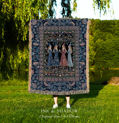 Medieval Coven Celestial Tapestry Blanket | Moody Aesthetic Witches Enchanted Art Nouveau Gothic Ethereal Folklore Woven Throw Ornate Magic
