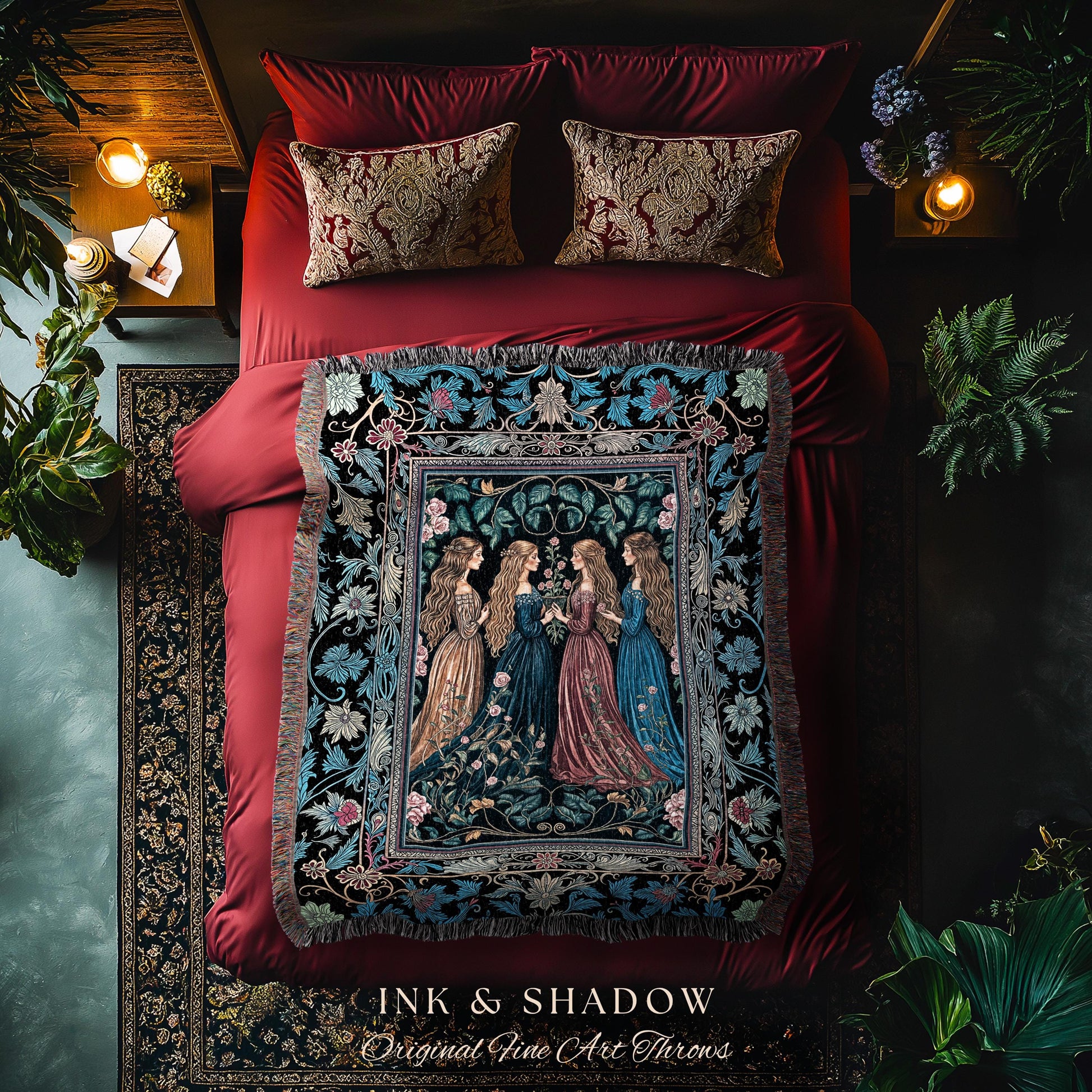 Wiccan Witchcraft Moody Tapestry Blanket | Whimsigothic Dark Fairytale Gothic Renaissance Botanical Magic Medieval Woven Throw Witchcraft |
