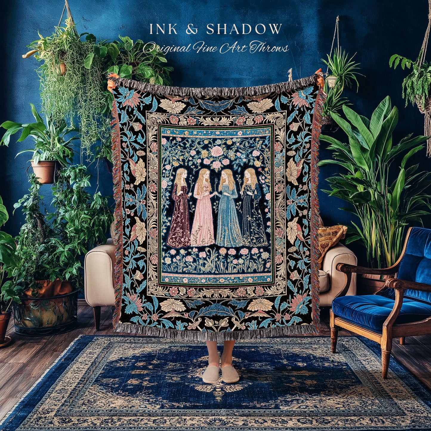 Bohemian Botanical Witch Tapestry Blanket | Enchanted Folklore Fairytale Witchcore Floral Medieval Dark Academia Ethereal Goddess Style |