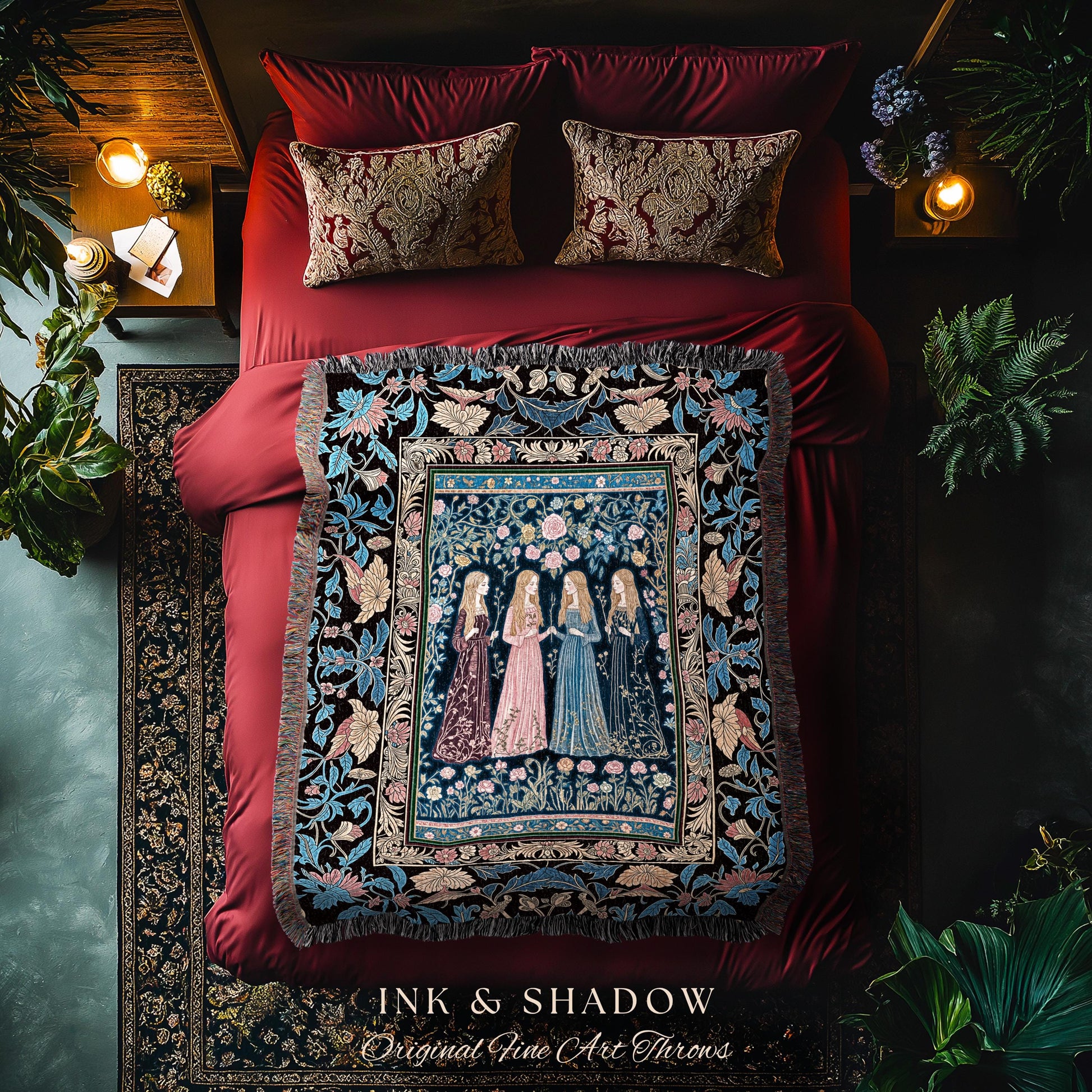 Bohemian Botanical Witch Tapestry Blanket | Enchanted Folklore Fairytale Witchcore Floral Medieval Dark Academia Ethereal Goddess Style |