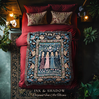Bohemian Botanical Witch Tapestry Blanket | Enchanted Folklore Fairytale Witchcore Floral Medieval Dark Academia Ethereal Goddess Style |
