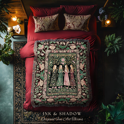 Renaissance Witch Coven Throw Blanket | Whimsical Folklore Enchanted Floral Woven Wall Tapestry Spellbound Gothic Art Mystic Fairytale Decor