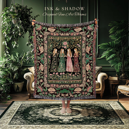 Renaissance Witch Coven Throw Blanket | Whimsical Folklore Enchanted Floral Woven Wall Tapestry Spellbound Gothic Art Mystic Fairytale Decor