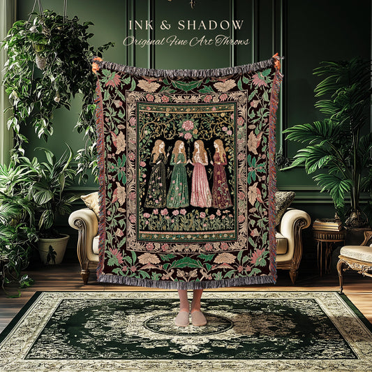 Renaissance Witch Coven Throw Blanket | Whimsical Folklore Enchanted Floral Woven Wall Tapestry Spellbound Gothic Art Mystic Fairytale Decor