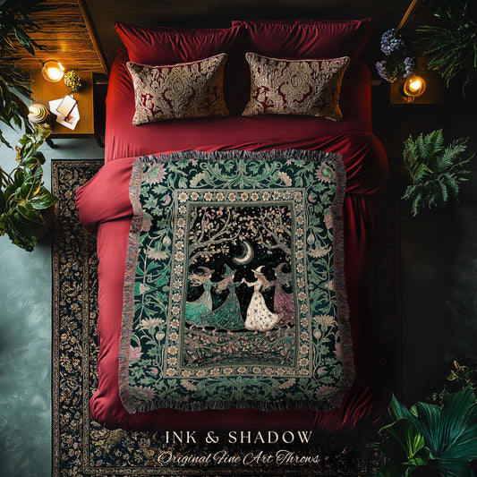Whimsical Witch Sisterhood Throw Blanket | Dreamy Sisterhood Forest Baroque Floral Gothic Decor Mystic Boho Sorceress Woodland Wall Tapestry