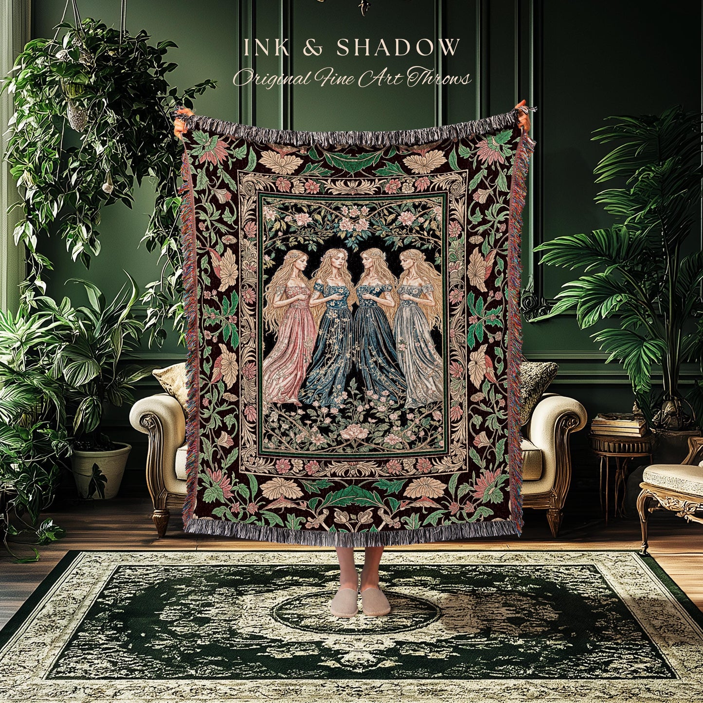 Magic Maidens Medieval Woven Tapestry | Dark Fairytale Witches Floral Forest Throw Blanket Ethereal Renaissance Gothic Art Decor Fairycore |