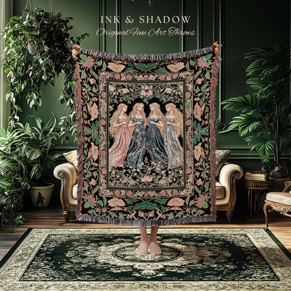 Magic Maidens Medieval Woven Tapestry | Dark Fairytale Witches Floral Forest Throw Blanket Ethereal Renaissance Gothic Art Decor Fairycore |