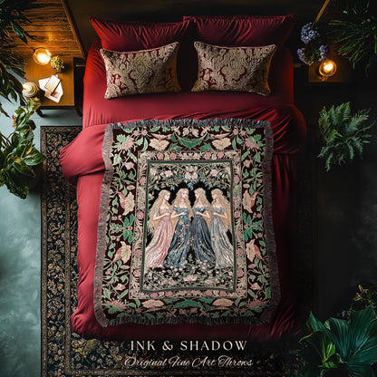 Magic Maidens Medieval Woven Tapestry | Dark Fairytale Witches Floral Forest Throw Blanket Ethereal Renaissance Gothic Art Decor Fairycore |
