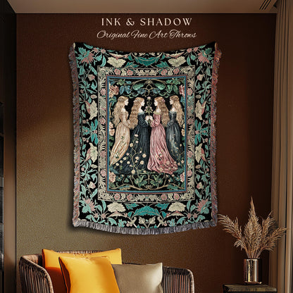 Wiccan Botanical Style Throw Blanket | Medieval Celestial Dark Cottagecore Folklore Sisterhood Magic Woven Tapestry Enchanted Boho Aesthetic