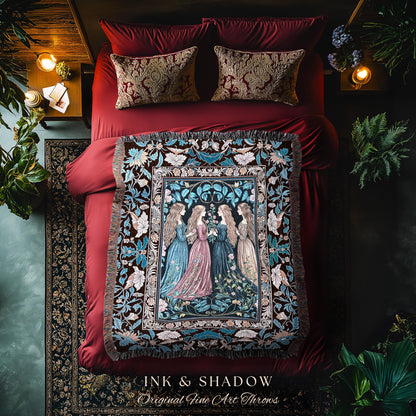 Sorceress Sisters Magic Woven Throw Blanket | Lunar Garden Witch Wall Tapestry Fairytale Storybook Tapestry Renaissance Woodland Sorcery |