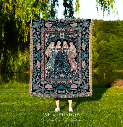 Rustic Medieval Fairycore Witch Picnic Blanket | Celestial Sorceress Gothic Elegance Woven Wall Tapestry Pastel Botanicals Folklore Style |