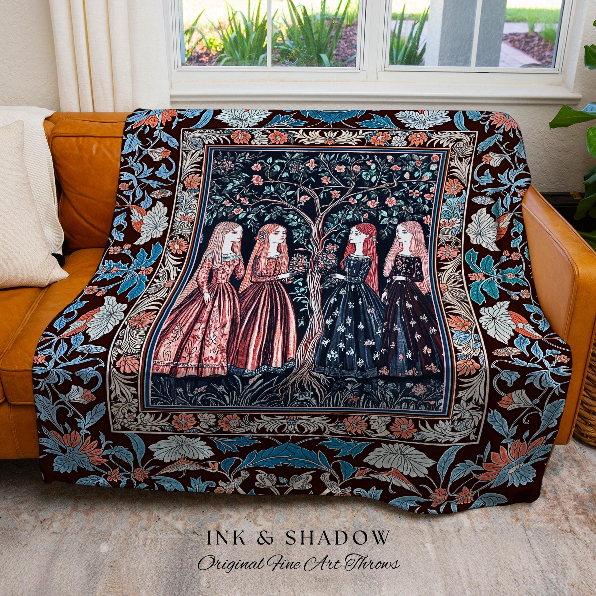 Pastel Fairy Forest Elegant Throw Blanket | Druid Tapestry Medieval Maiden Baroque Aesthetic Magic Decor Celestial Gothic Art Nouveau Decor