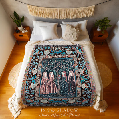 Pastel Fairy Forest Elegant Throw Blanket | Druid Tapestry Medieval Maiden Baroque Aesthetic Magic Decor Celestial Gothic Art Nouveau Decor