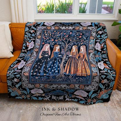 Enchanted Sisterhood Folklore Throw Blanket | Moody Bedroom Dark Enchantment Woven Wall Tapestry Mythical Aesthetic Folk Art Dreamy Decor