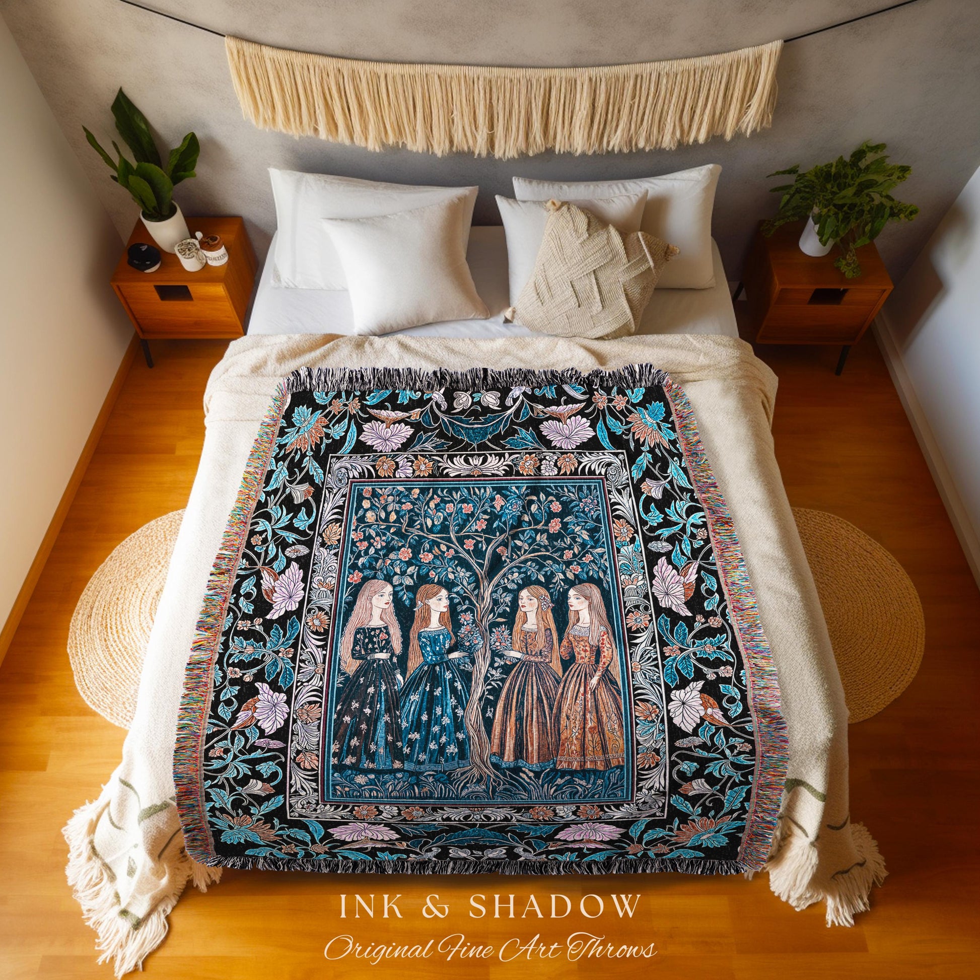 Enchanted Sisterhood Folklore Throw Blanket | Moody Bedroom Dark Enchantment Woven Wall Tapestry Mythical Aesthetic Folk Art Dreamy Decor
