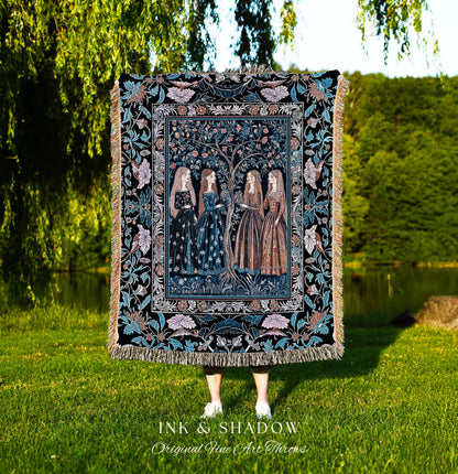 Enchanted Sisterhood Folklore Throw Blanket | Moody Bedroom Dark Enchantment Woven Wall Tapestry Mythical Aesthetic Folk Art Dreamy Decor