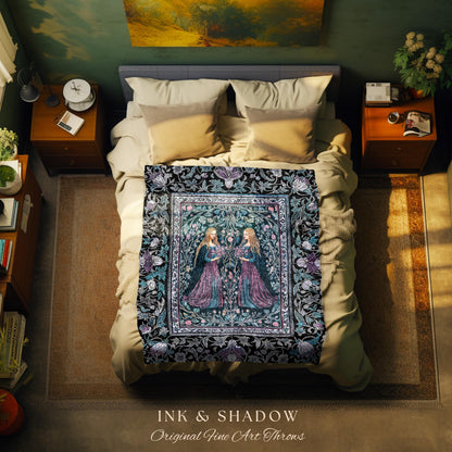 Witchy Sisters Arcane Forest Blanket | Celestial Witchcraft Baroque Folklore Woven Wall Tapestry Fairytale Gothic Storybook Aesthetic Throw